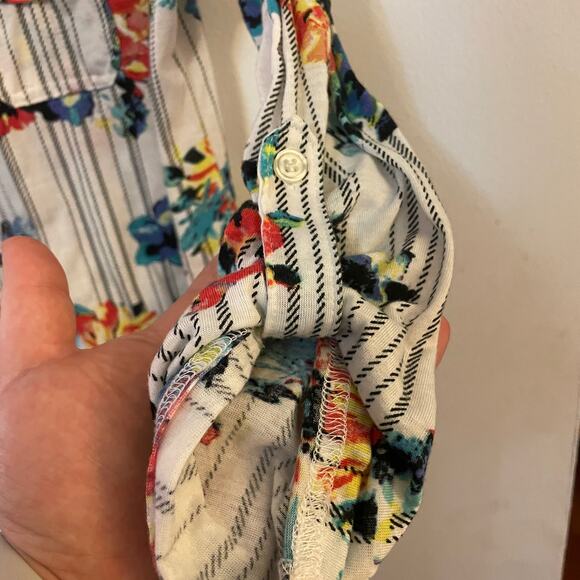 French Laundry Striped Floral Spring Ivory Button Front Long Sleeve Top Small - Picture 10 of 13